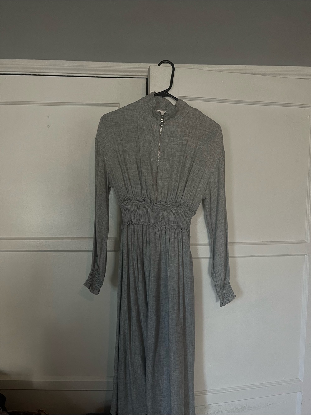 Zara Grey Long-Sleeve Smocked-Waist Maxi Dress